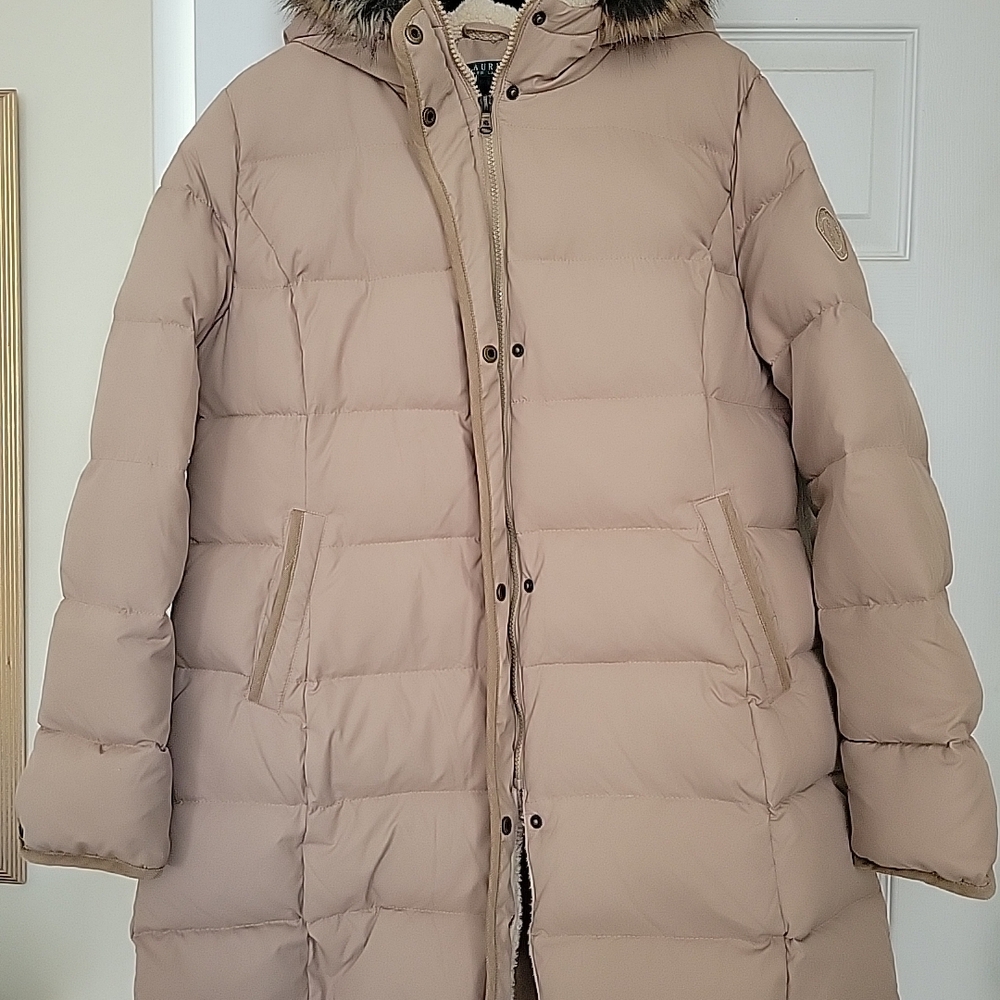 Lauren Ralph Lauren Cream Quilted Down-Blend Puffer Jacket with Faux Fur Trim